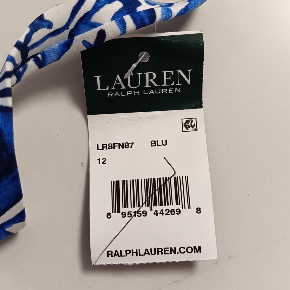 Swim Top LAUREN RALPH LAUREN Halter Tie Triangle Blue and White Sz 12 NEW - Picture 6 of 7